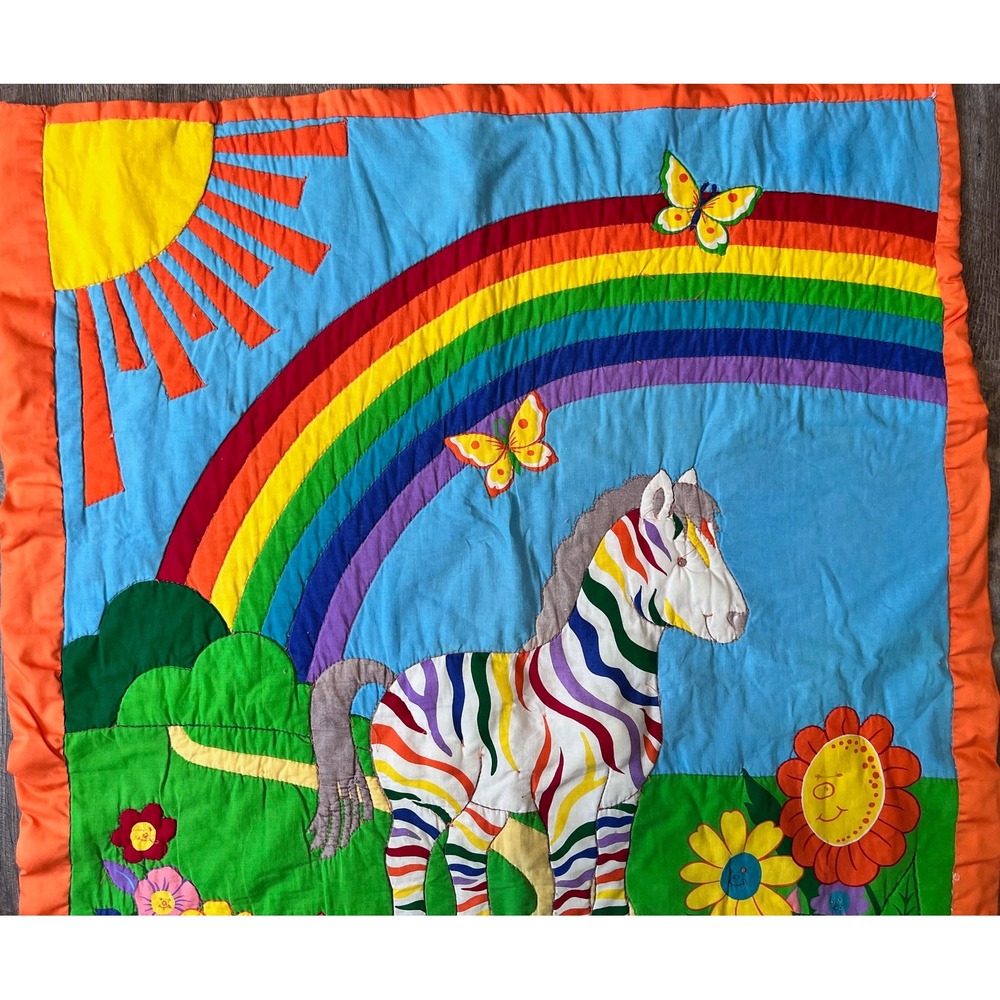 Vintage Handmade Baby quilt Zebra Rainbows lap quilt crib bright colors - Picture 5 of 6